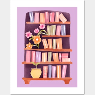 Cute Watercolor Bookshelf with Flowers and Books Posters and Art